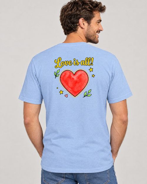Back view of a man wearing the Love is All! adult tee in heather blue with the large Love is all! heart print on the back