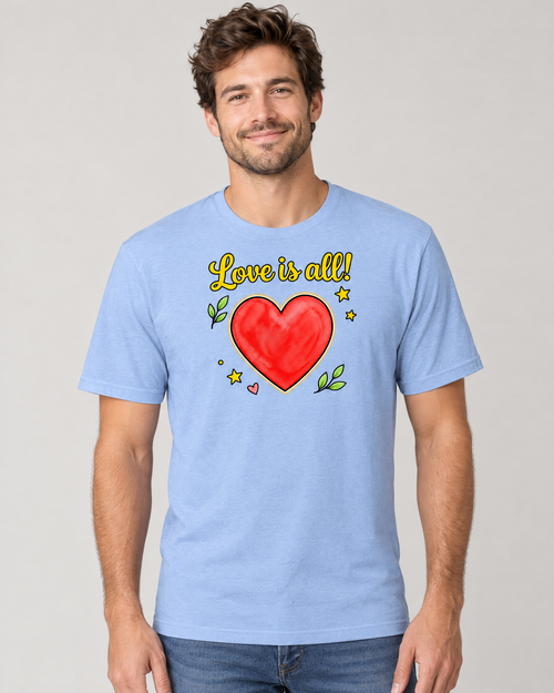 Man wearing the Love is All! adult tee in heather blue with the large gold script and red heart print on the front